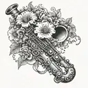 A clarinet intertwined with blooming flowers and mushrooms tattoo design idea