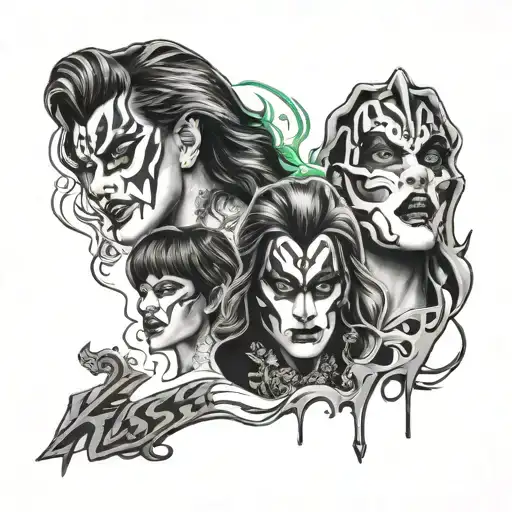 Create a black and grey tattoo with the face of 4 kiss band members tattoo design idea