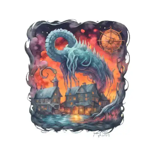Lovecraftian horror town tattoo design idea