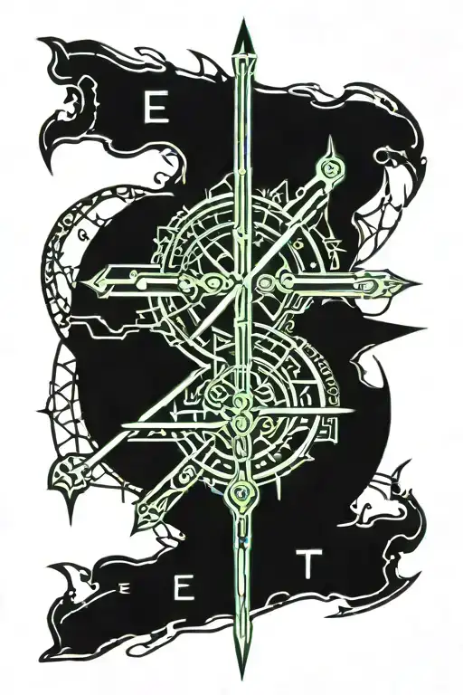 Temet nosce lettering with middle hearth and 3 swords tattoo design idea