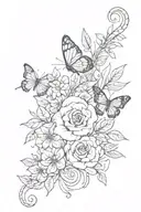 floral pattern including a snake and butterflies in very fine lines in black, white and blue for the forearm tattoo design idea