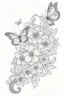 floral pattern including a snake and butterflies in very fine lines in black, white and blue for the forearm tattoo design idea