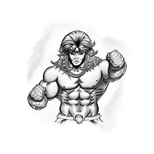 A tattoo design of a powerful He-Man character flexing his muscles in a victorious pose, with intricate blackwork detailing tattoo design idea