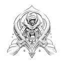 A tattoo design of a powerful He-Man character flexing his muscles in a victorious pose, with intricate blackwork detailing tattoo design idea