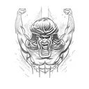 A tattoo design of a powerful He-Man character flexing his muscles in a victorious pose, with intricate blackwork detailing tattoo design idea
