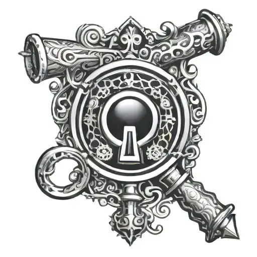 A mysterious keyhole with investigative tools like a magnifying glass and flashlight in a black-grey style tattoo design idea