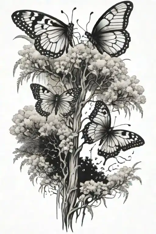 butterflies with weeping willow trees in a flower field tattoo design idea
