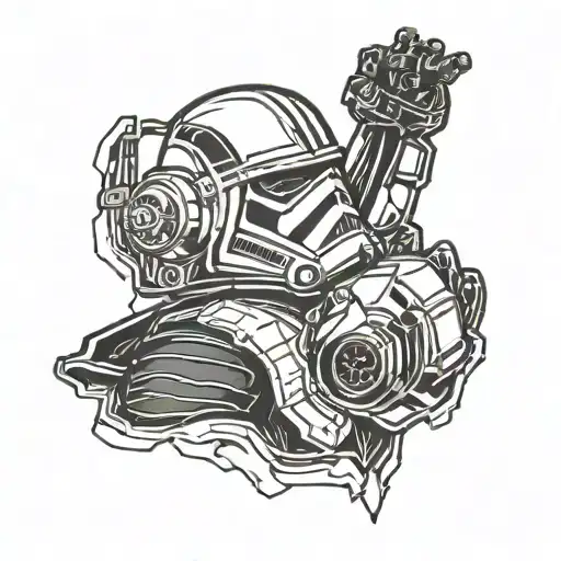 A blackwork tattoo of a powerlifting stormtrooper with a Darth Vader helmet tattoo design idea