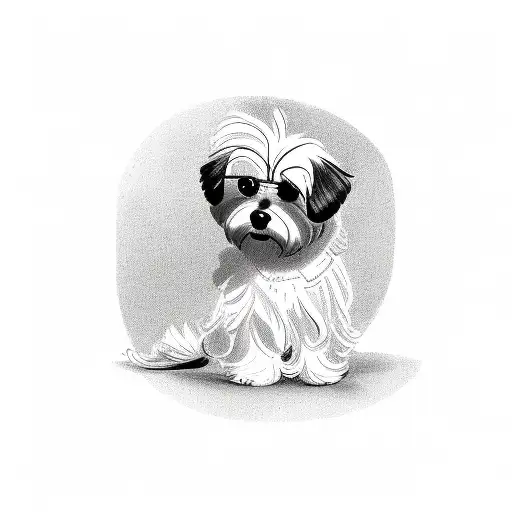 A composition notebook with a pharmacy cross symbol and musical instruments drawn on the pages, with a Maltese dog peeking out from behind it tattoo design idea