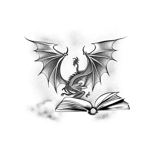 A majestic dragon flying over an open book tattoo design idea