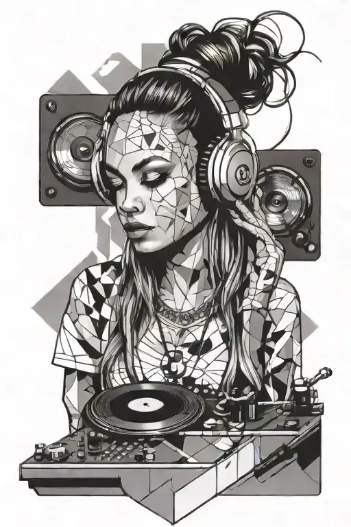 A portrait of a powerful female DJ with headphones and a turntable, surrounded by geometric shapes and patterns tattoo design idea
