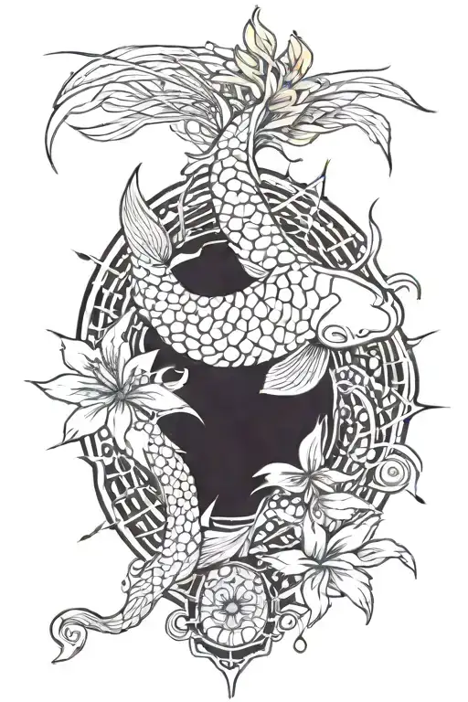 koi fish ,stars and moon ,spider lily flower tattoo design idea