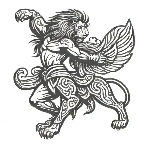 A lion and a maiden (Virgo symbol) dancing together in a tribal style tattoo design idea