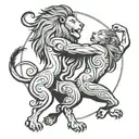 A lion and a maiden (Virgo symbol) dancing together in a tribal style tattoo design idea