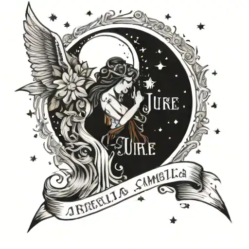A banner featuring the names Jure and Amelia surrounded by the sun, the moon, and stars.  tattoo design idea