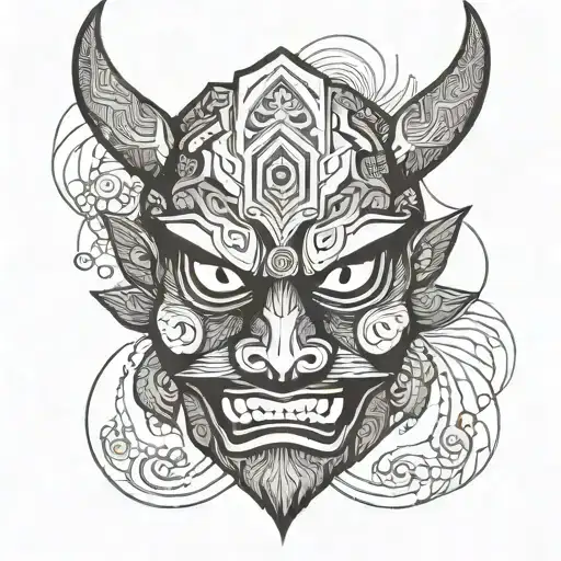 An indian form of japanese demon mask with minimalist features tattoo design idea