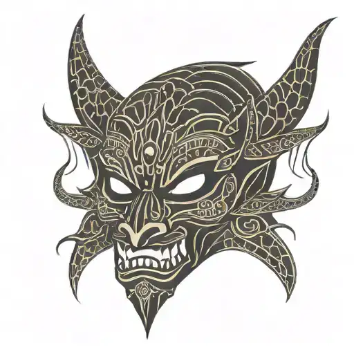 An indian form of japanese demon mask with minimalist features, the details should be bare minimum with straight lines tattoo design idea