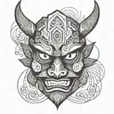 An indian form of japanese demon mask with minimalist features tattoo design idea