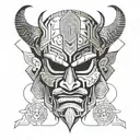 An indian form of japanese demon mask with minimalist features tattoo design idea