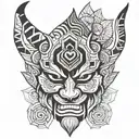 An indian form of japanese demon mask with minimalist features tattoo design idea