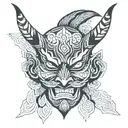 An indian form of japanese demon mask with minimalist features tattoo design idea