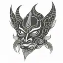 An indian form of japanese demon mask with minimalist features, the details should be bare minimum with straight lines tattoo design idea