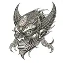 An indian form of japanese demon mask with minimalist features, the details should be bare minimum with straight lines tattoo design idea