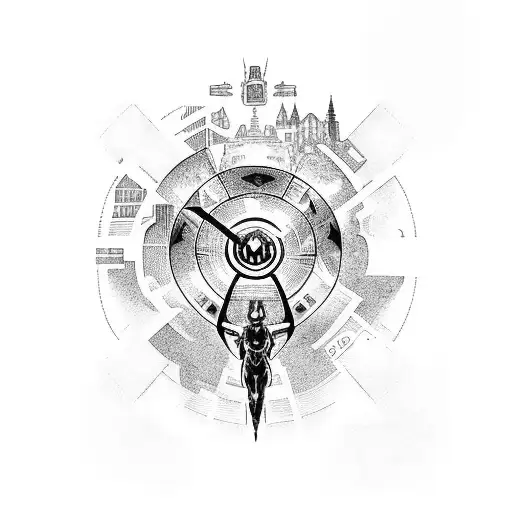 A Budapest cityscape with IronMan soaring through the sky tattoo design idea