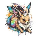 Pokémon Eevee coloured filled with rainbow watercolour paint splats tattoo design idea
