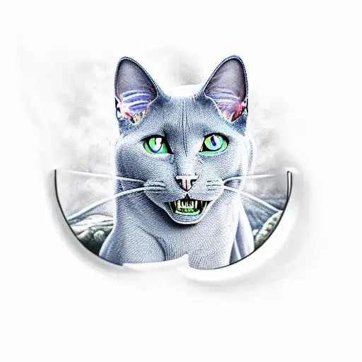 Russian Blue Cat fangs out attacking tattoo design idea