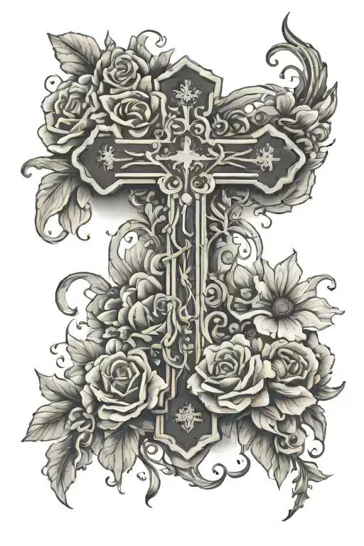 cross with flowers, clouds and roman numerals tattoo design idea