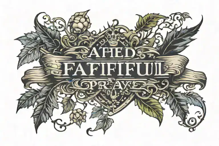  words Faithful in Prayer written inside a banner surrounded by thorny vines and clouds tattoo design idea