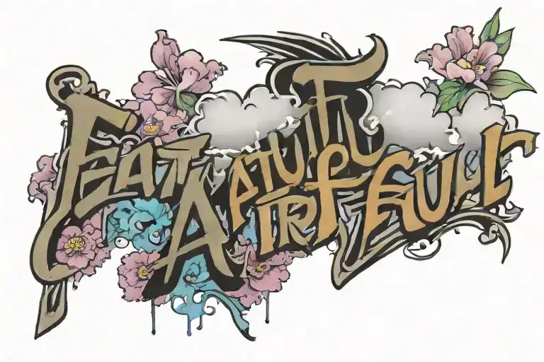  words Faithful in Prayer written inside a banner surrounded by clouds and flowers tattoo design idea