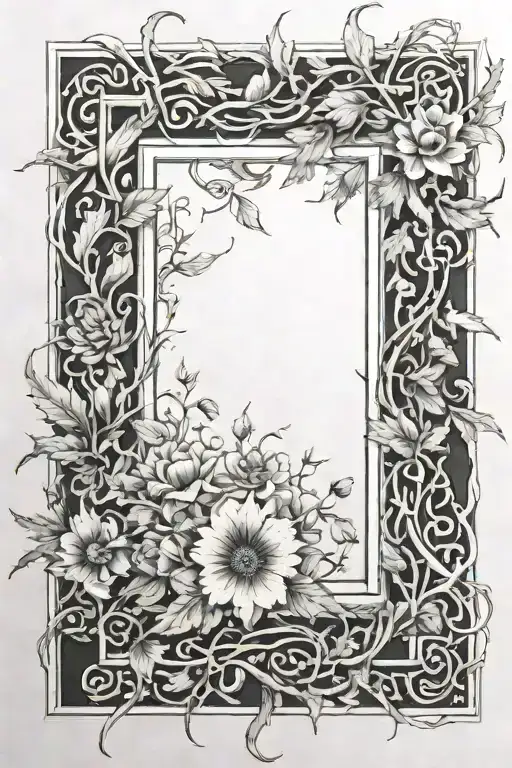 picture frame made from flowers and thorny vines tattoo design idea