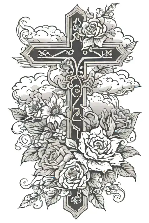 cross with flowers, clouds and roman numerals tattoo design idea