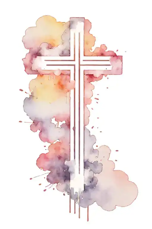black and white minimalist cross with paint drips, clouds, rays of light and bible verse Roman's 12:12 tattoo design idea