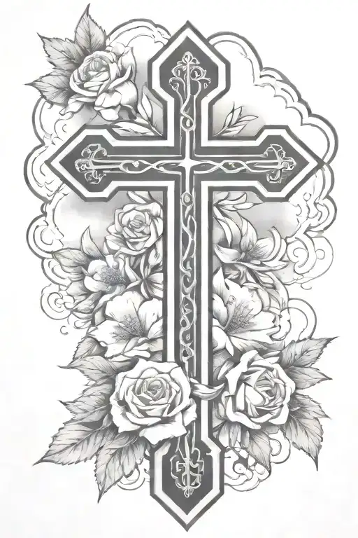 cross with flowers, clouds and roman numerals tattoo design idea