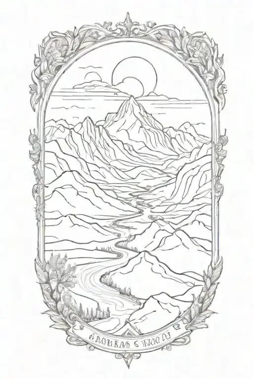 A sketch-style tattoo of a majestic mountain landscape with the words 'Romans 12:12' integrated into the design tattoo design idea