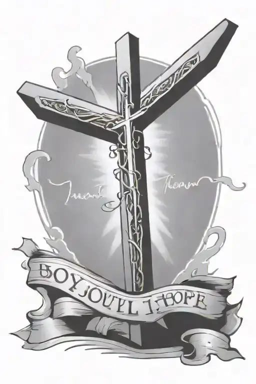 words " Joyful in Hope, persevering in trials, devoted to prayer. Romans 12:12" on small modern script with cross tattoo design idea
