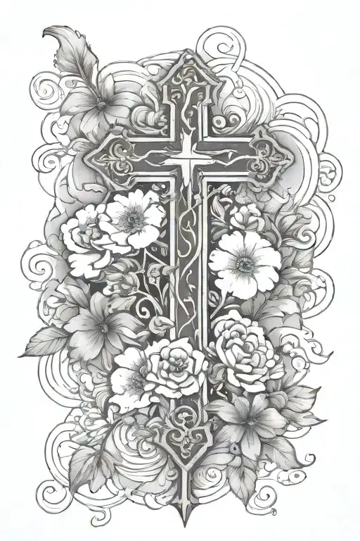 cross with flowers, clouds and roman numerals tattoo design idea