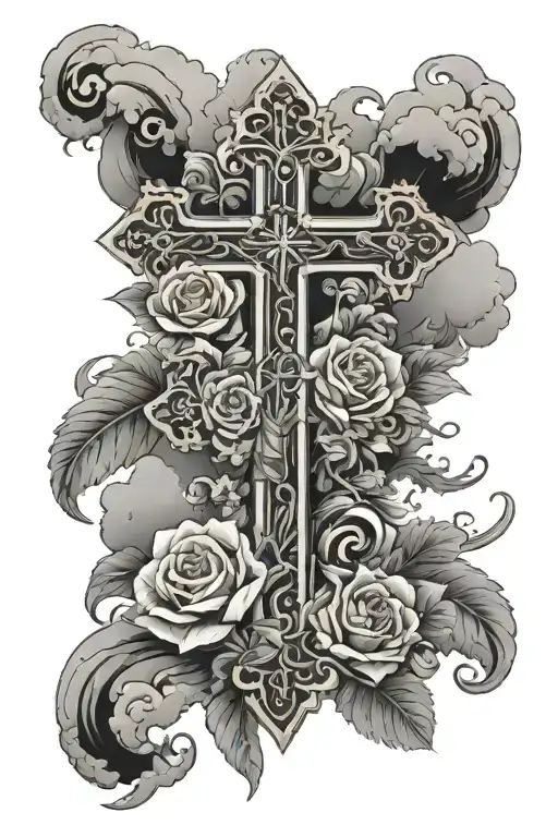 cross with flowers, clouds and roman numerals tattoo design idea