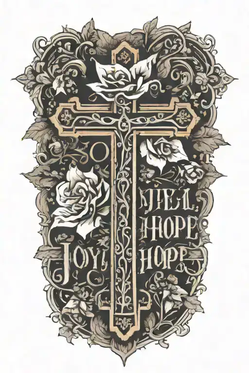 words " Joyful in Hope, persevering in trials, devoted to prayer. Romans 12:12" with cross tattoo design idea