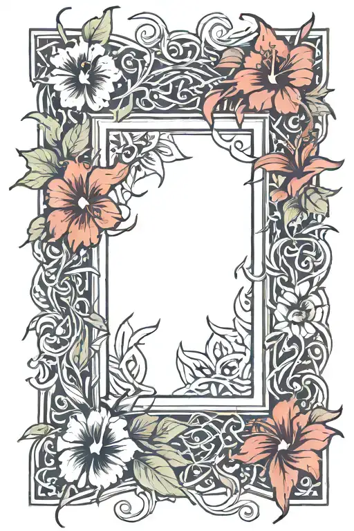 picture frame made from hibiscus and thorny vines tattoo design idea
