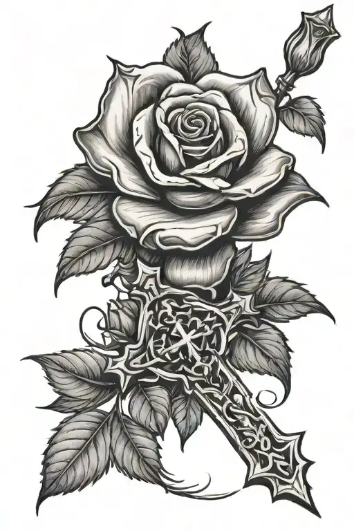 rose flower miral with a cross  tattoo design idea