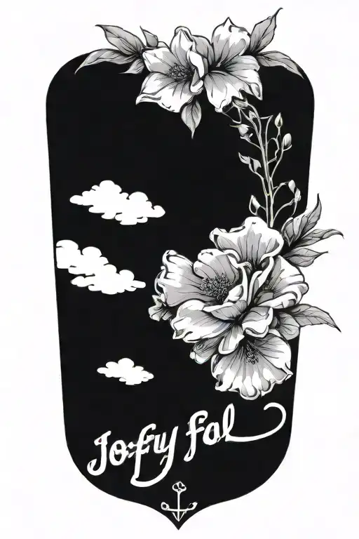 write the phrase" joyful in hope, Persevering through trials, Fsithful in Prayer" surroud with flowers and  clouds  tattoo design idea