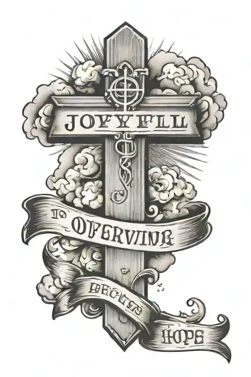 bible verse written " Joyful in Hope, persevering through trials, devoted to prayer" with cross, clouds, rays of light tattoo design idea