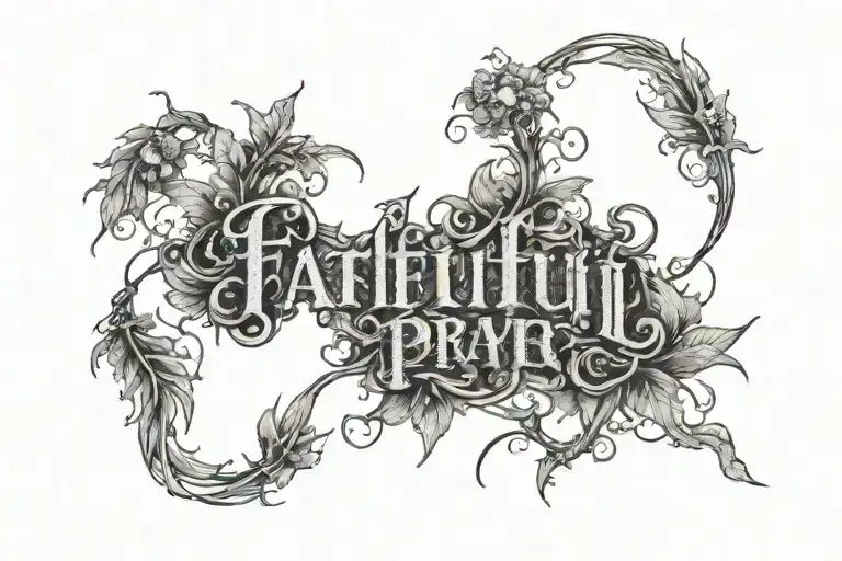  words Faithful in Prayer written inside a banner surrounded by thorny vines and clouds tattoo design idea