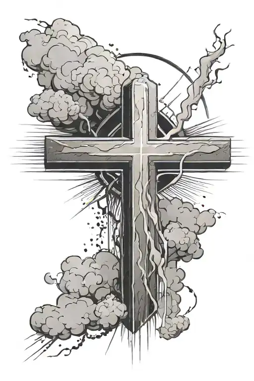 Romans 12:19 with cross incorporated, clouds at bottom with rays of light coming up tattoo design idea