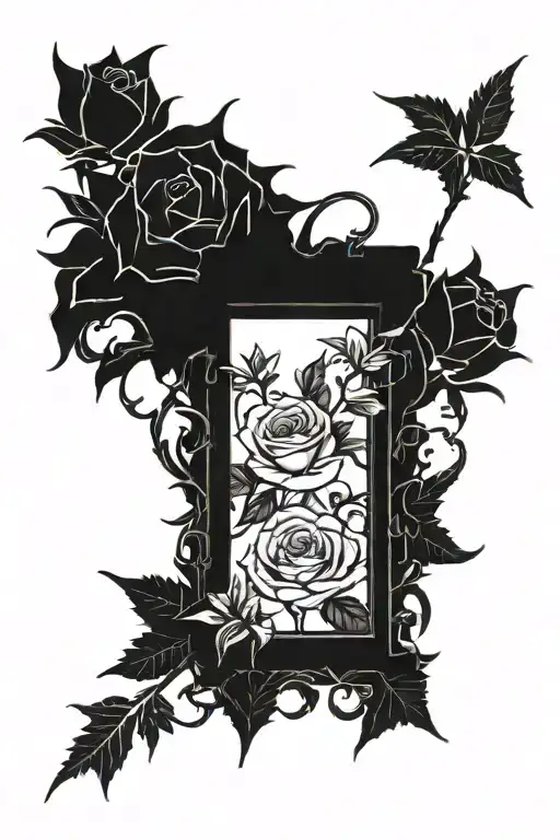 picture frame made from flowers and thorny vines tattoo design idea