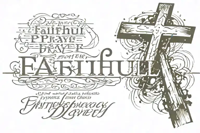 cross with words Faithful in Prayer going through the cross tattoo design idea